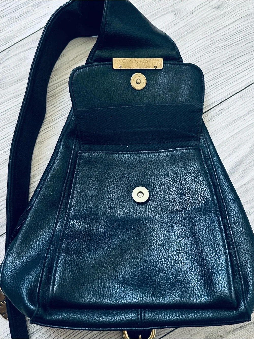 Nine West Black Leather Crossbody Sling Bag with Gold Accents